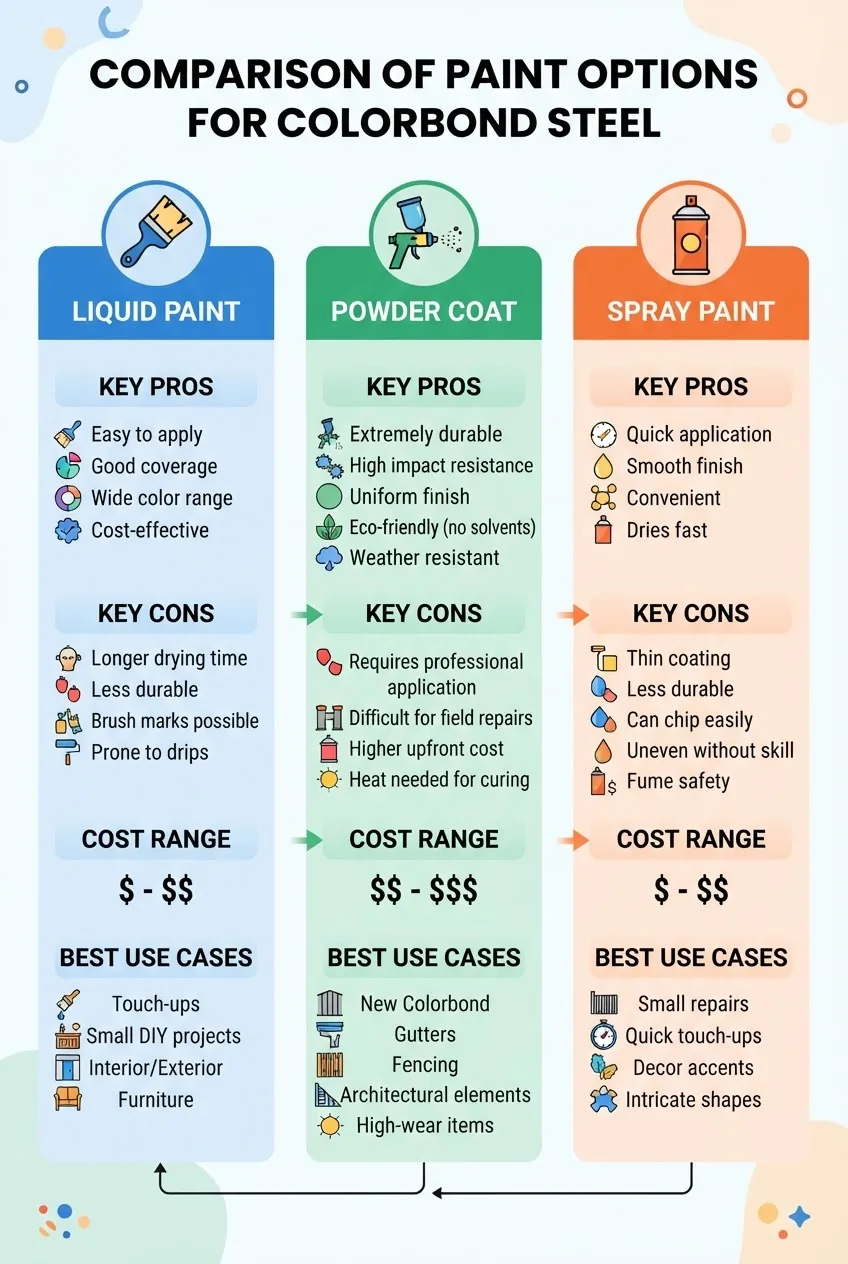 A clear, three-column infographic comparing three main paint options for Colorbond steel: Liquid Paint, Powder Coat, Spray Paint; each
