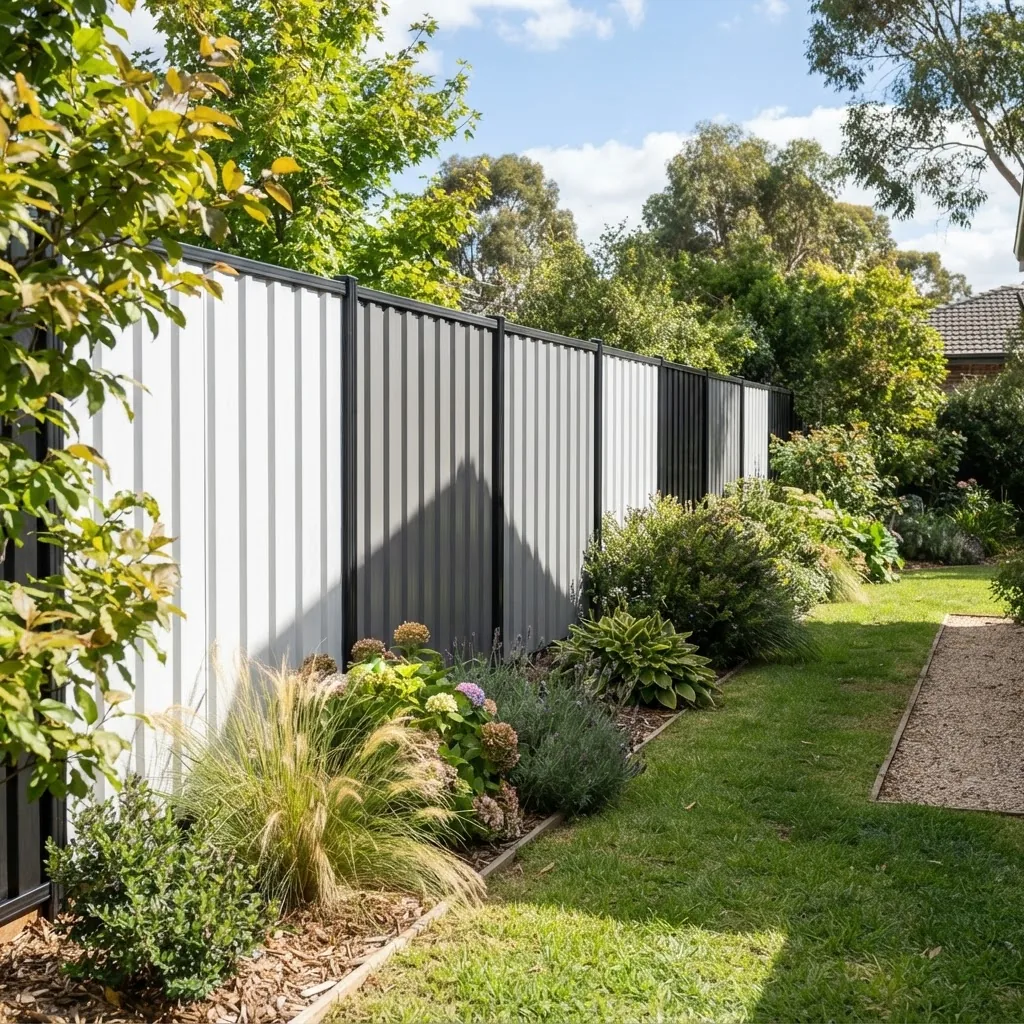 a row of Colorbond fence panels painted in white, black, and grey colours installed outdoors in a garden setting, sunny day, natural