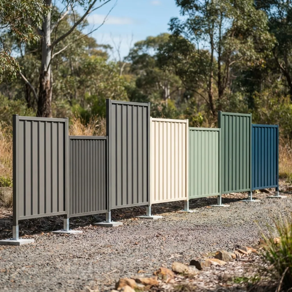 a variety of Colorbond fence panels side by side against a neutral outdoor background, demonstrating different standard heights and widths
