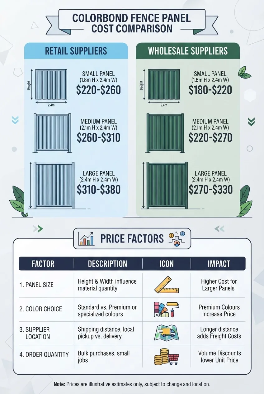 shows cost comparison of Colorbond fence panels by size and supplier category (retail vs wholesale), including a small chart of price