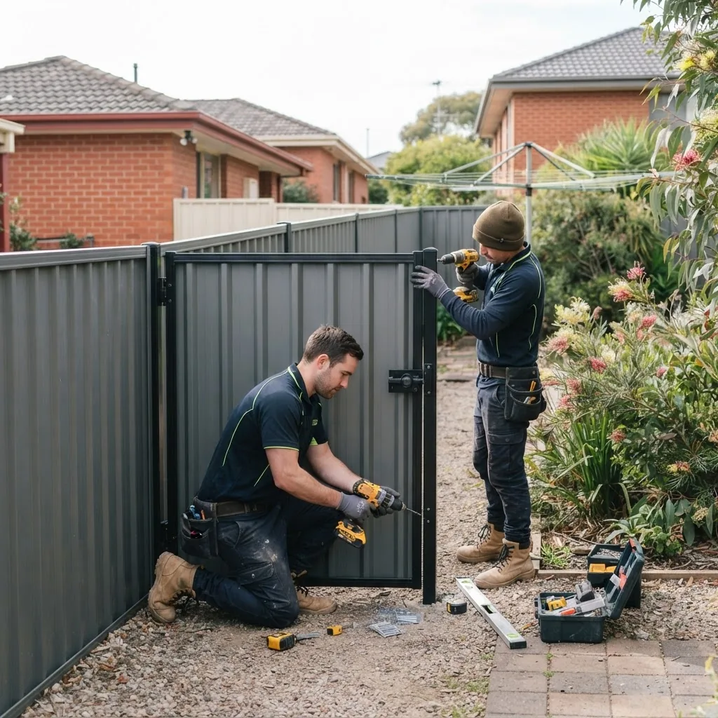 A photograph showing professional installers fitting a Colorbond fence gate, with visible tools like drills and hinges, working on a
