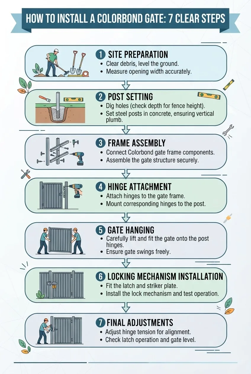 An infographic with a vertical flow chart illustrating 7 clear steps of Colorbond gate installation: site preparation, post setting, frame