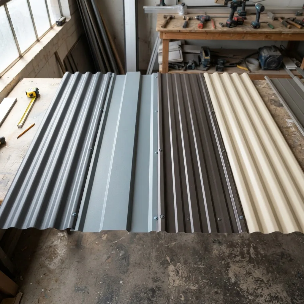 several Colorbond roofing sheets in different profiles and colours laid out on a flat surface in a workshop, showing texture and finish