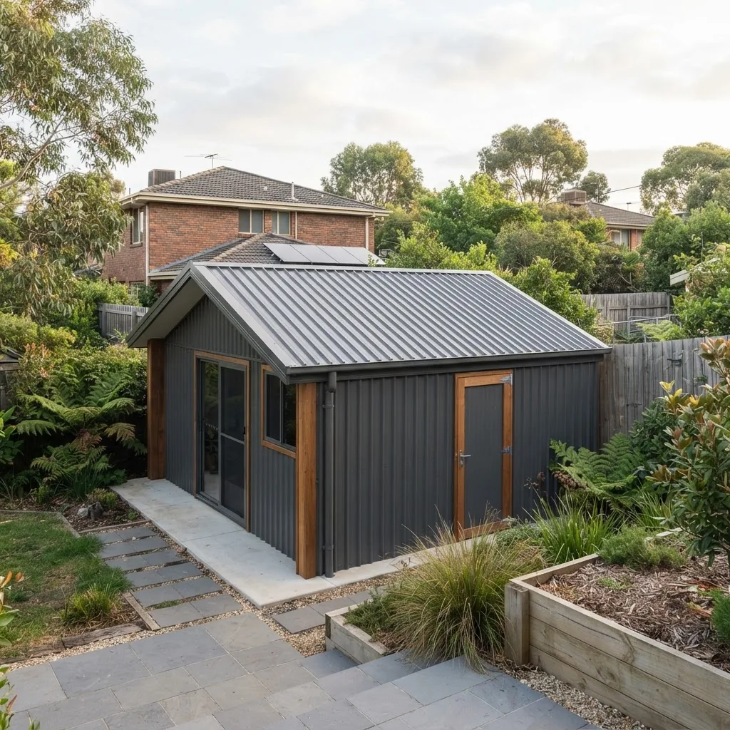 suburban Melbourne residential shed with a fresh Colorbond roof in soft daylight, angled shot from the side showing the roof sheets