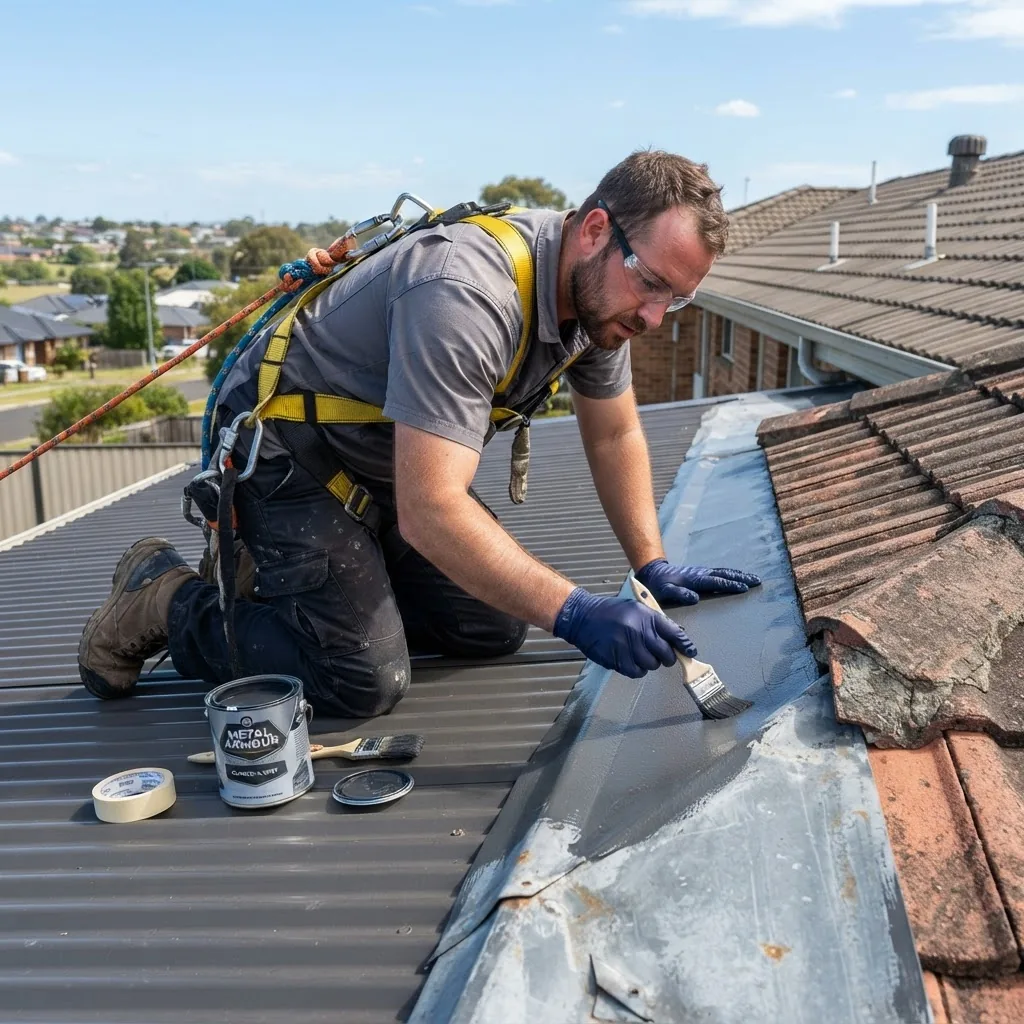 High-resolution image of a tradesperson carefully applying paint to Colorbond roof flashing with a small brush, showing the flashing edges,