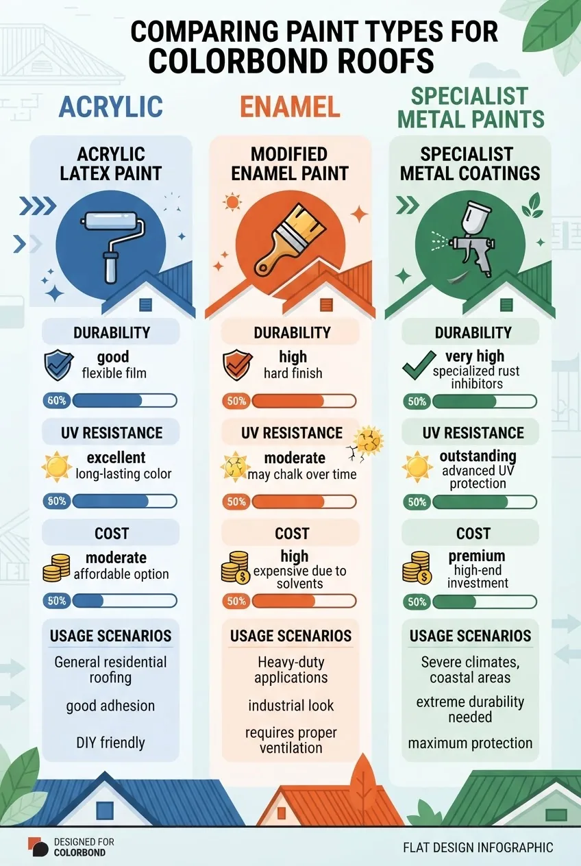 A clean infographic with three columns comparing acrylic, enamel, and specialist metal paints for Colorbond roofs; each column has an icon,