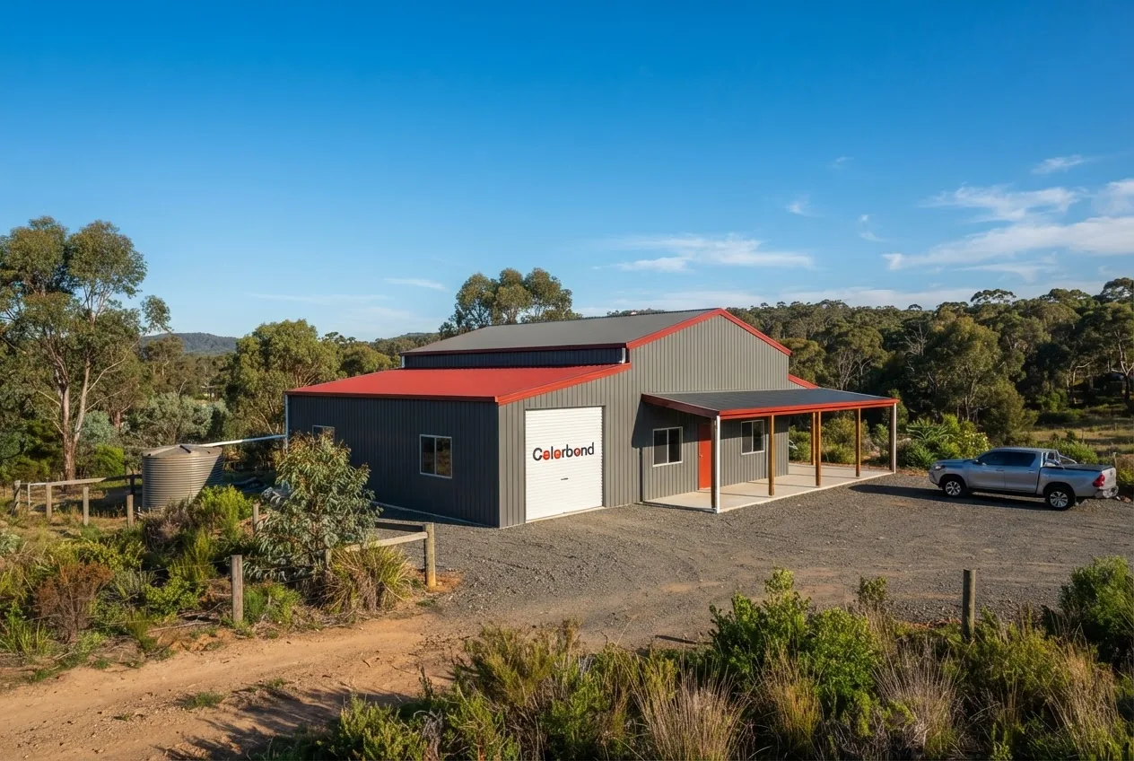 a modern Australian shed and roof painted in vibrant Colorbond Ultra colours under clear blue sky, showing steel panels with smooth matte