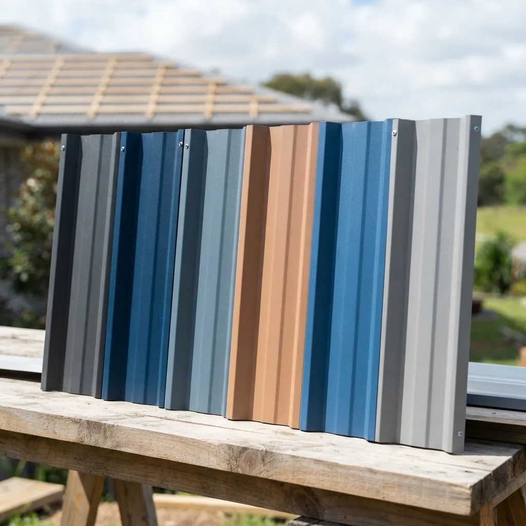 a close-up image of several steel roofing panels arranged side-by-side, each showcasing distinct Colorbond Ultra colours like Aries,