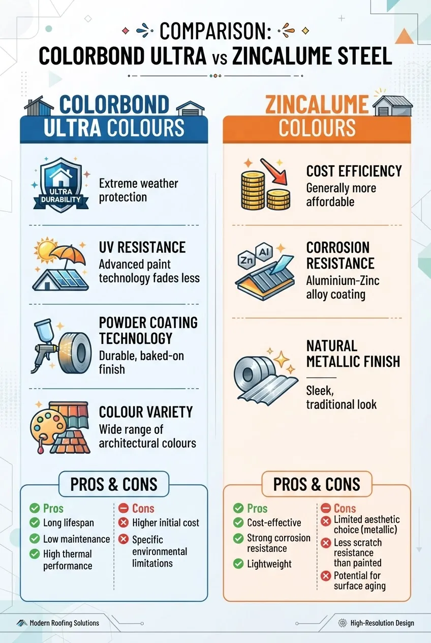 with two-column comparison: left column titled Colorbond Ultra Colours with icons for durability, UV resistance, powder coating technology,