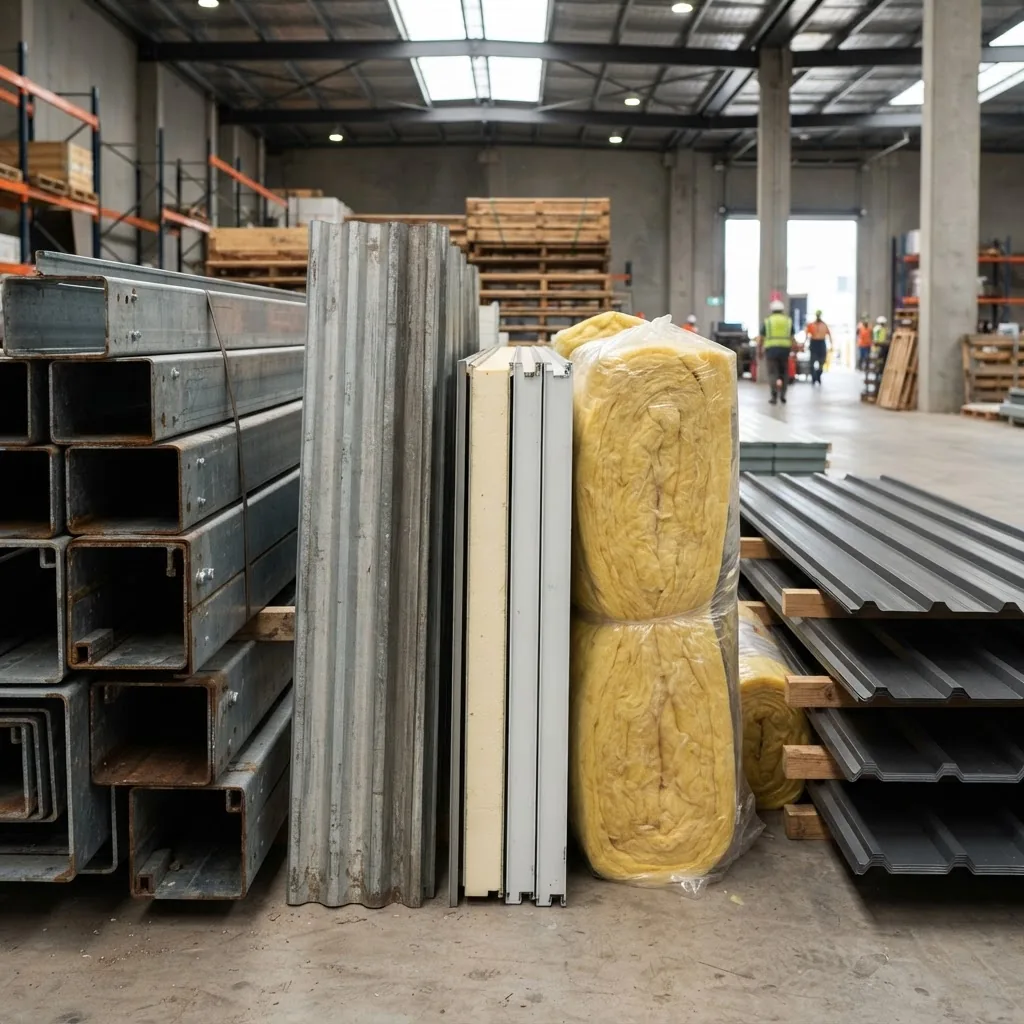 Close-up image showing different commercial shed materials stacked side-by-side: steel frames, cladding panels (metal and composite),