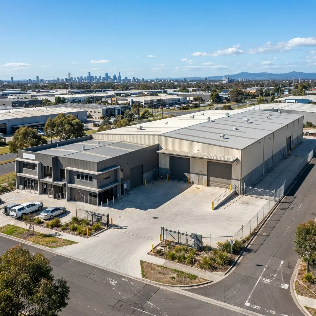 High-quality photo of a large modern steel commercial shed and a warehouse shed side-by-side in a Melbourne industrial park, bright