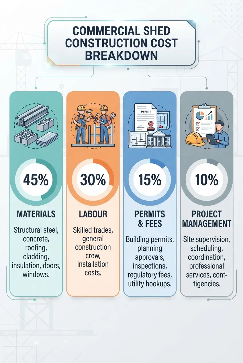 illustrates the commercial shed construction cost breakdown, divided into sections for materials, labour, permits, and project management;