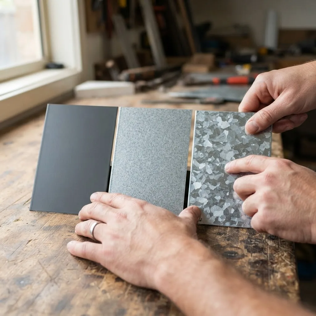 hands inspecting three steel samples: Colorbond painted sheet, Zincalume coated steel, and galvanized steel panel side by side on a wooden