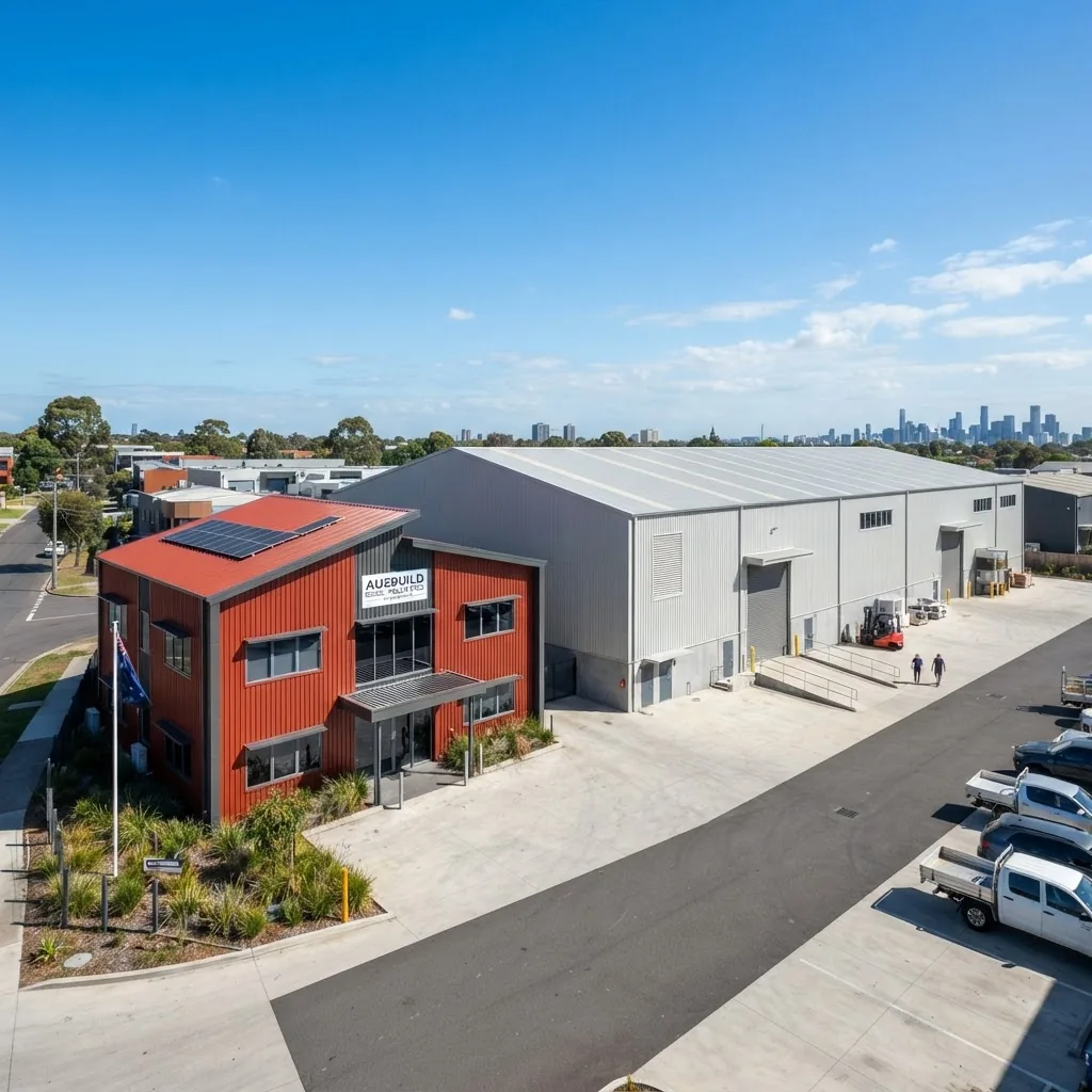 a modern commercial steel barn and warehouse side by side, taken on a bright sunny day in Melbourne, showing clean painted steel walls and