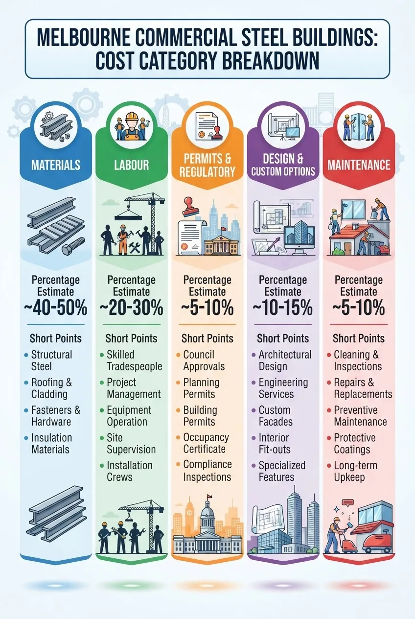 A detailed infographic with 5 columns representing cost categories: materials, labour, permits, design/custom options, and maintenance;