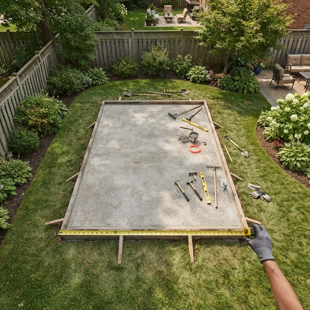 a mid-sized garden shed foundation concrete slab with wooden framing around edges, measured dimensions visible (no text), in a suburban