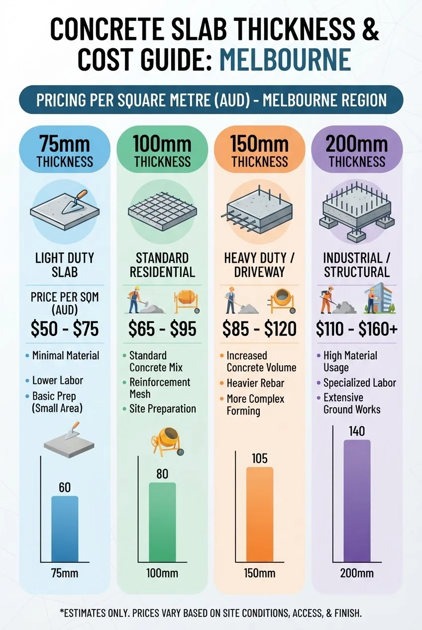 An infographic with a four-column layout: each column represents slab thickness levels (e.g., 75mm, 100mm, 150mm, 200mm) with icons for