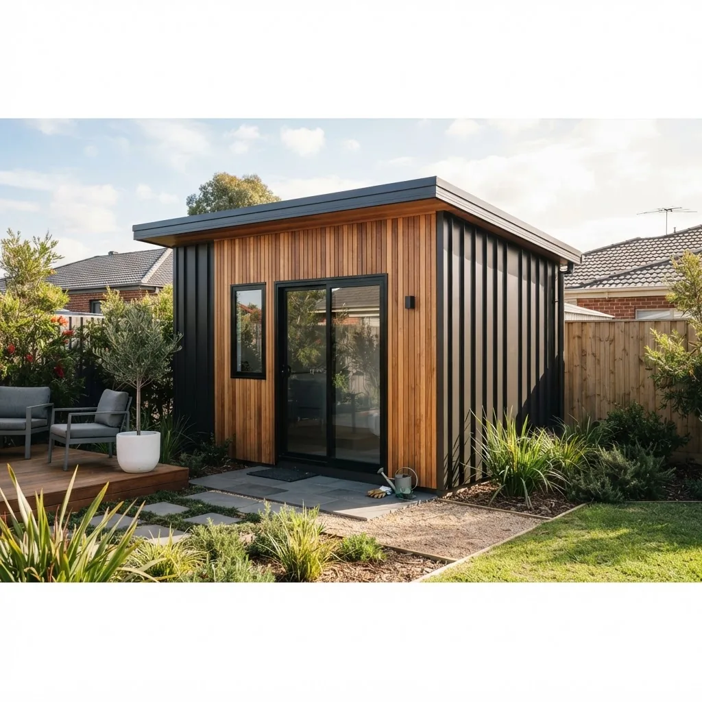 An outdoor photograph of a newly installed contemporary storage shed in a suburban Melbourne backyard, focusing on visible quality