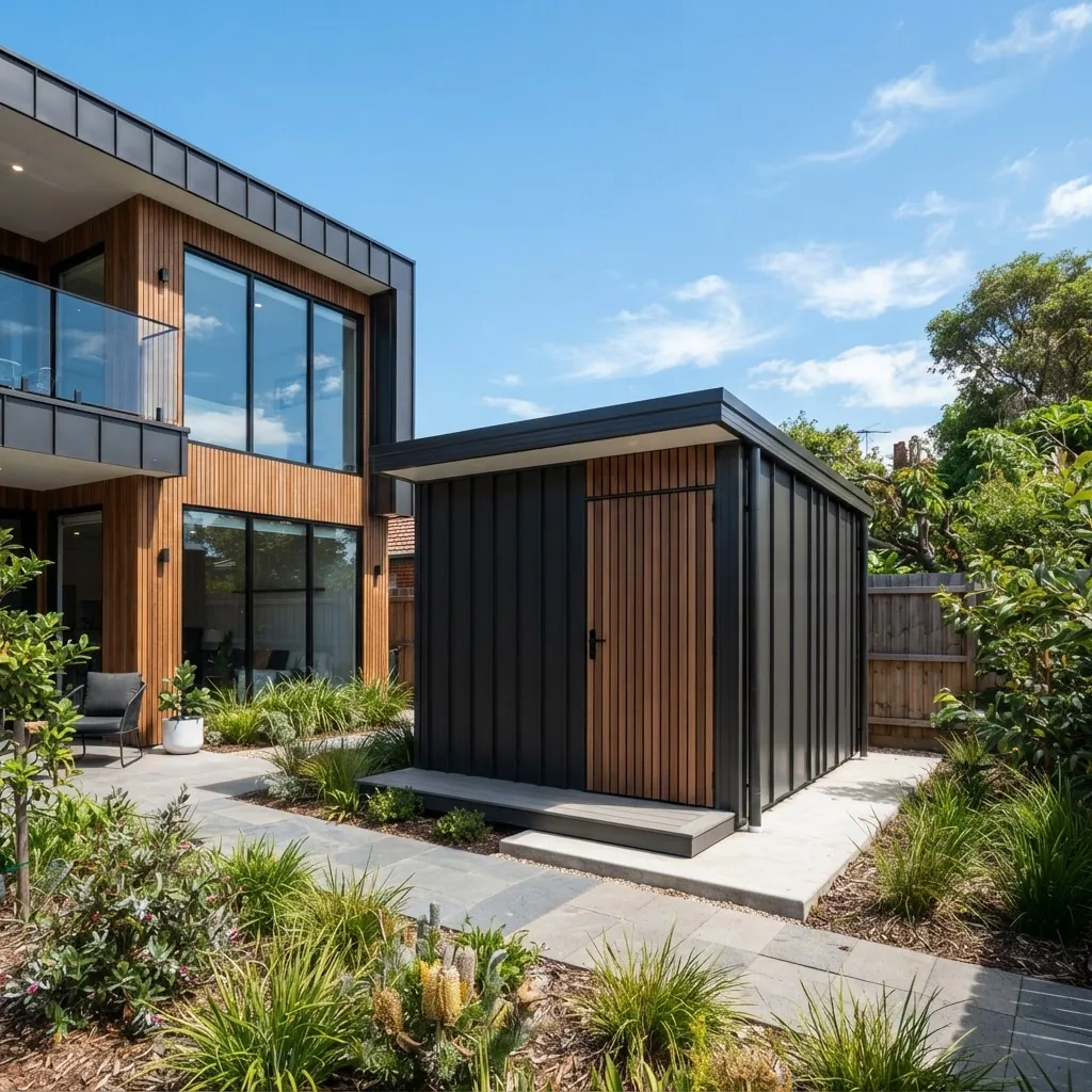 A high-resolution photo of a sleek contemporary storage shed next to a modern Melbourne home, showcasing flat roof design, clean lines,