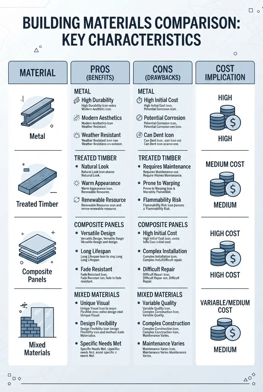 Infographic showing a four-column comparison: Material (Metal, Treated Timber, Composite Panels, Mixed Materials), Pros (durability,