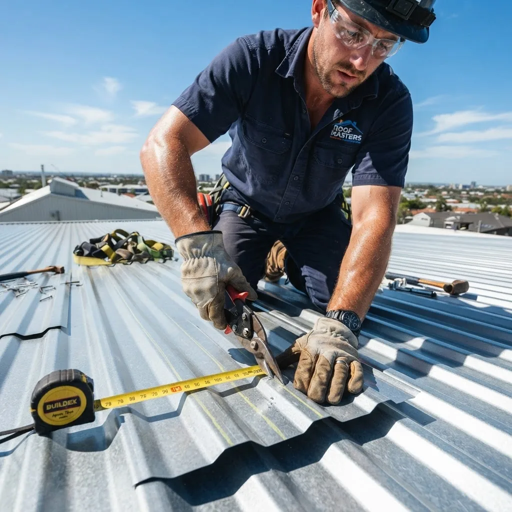 Close-up image of a tradie measuring and cutting corrugated iron roofing sheets on a rooftop under clear blue sky, sunlight highlighting