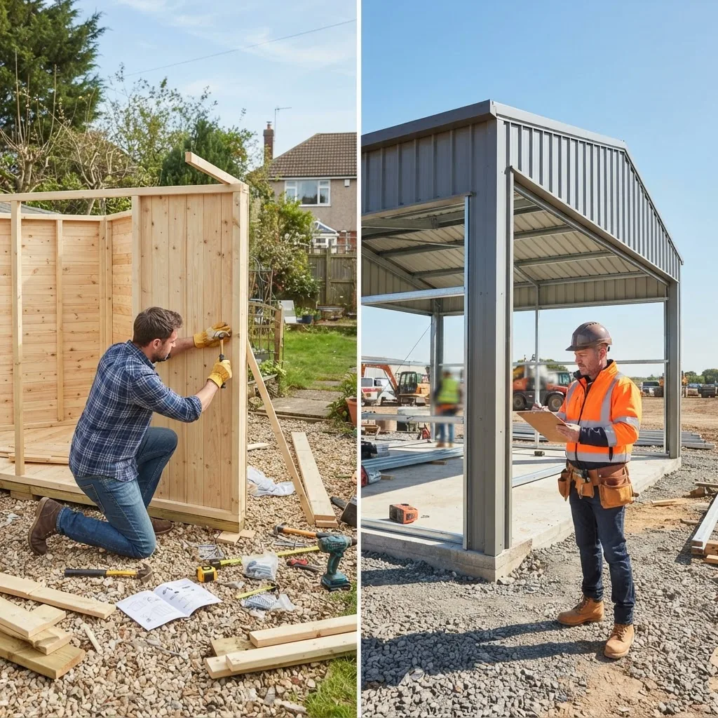 a person assembling a wooden shed kit on one side, tools scattered, and on the other side, a professional builder inspecting a nearly