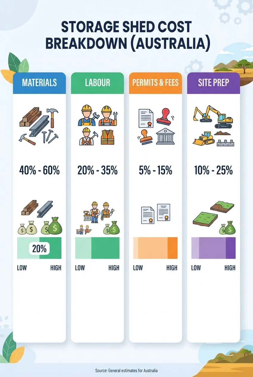 presents a cost breakdown of storage shed components in Australia: columns for materials, labour, permits, and site prep; each with icons