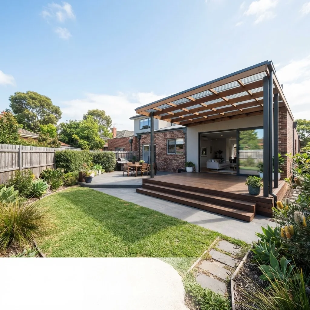 A daytime photo showing a residential Melbourne backyard with a newly constructed patio and deck, highlighting size and setback from the