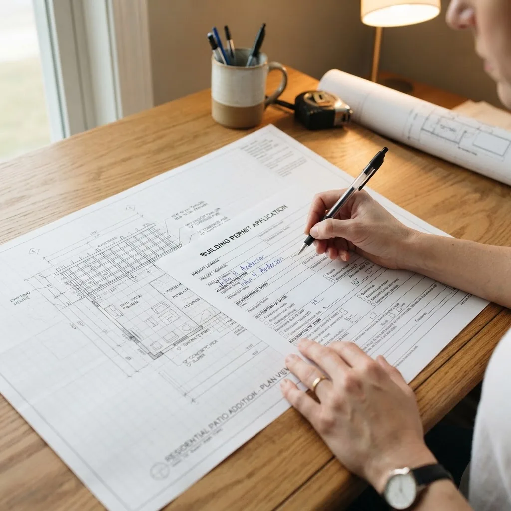 Close-up image of hands filling out a building permit application form with architectural patio plans spread on table, soft indoor