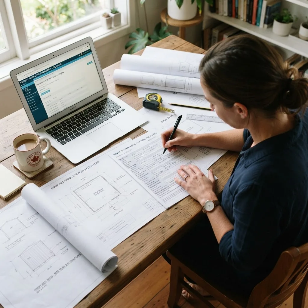 An overhead shot of an applicant filling out a shed council approval form at a desk with architectural plans, drawings, a laptop displaying