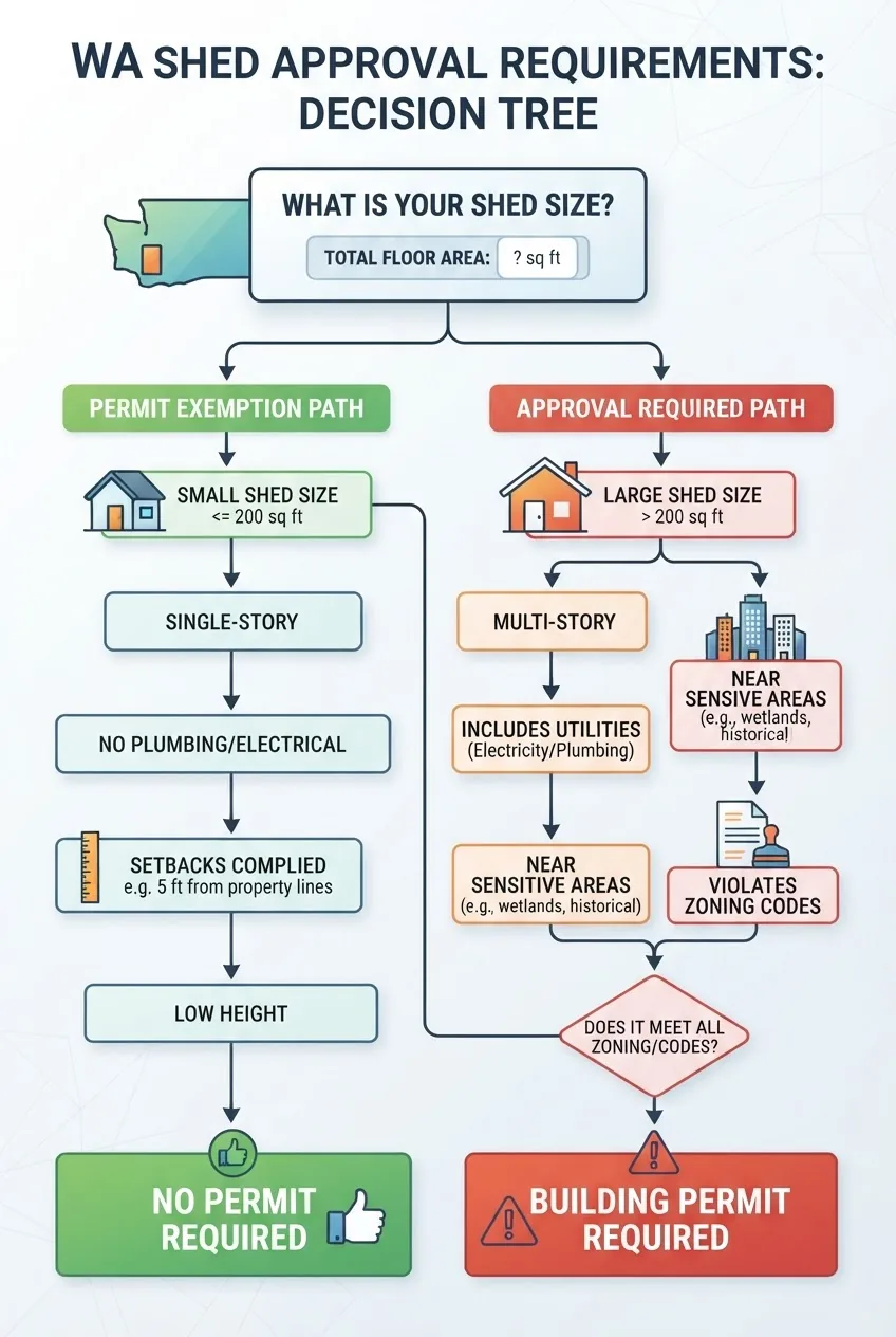illustrates the decision tree for WA shed approval requirements: starting box for shed size, branching into permit exemption vs approval