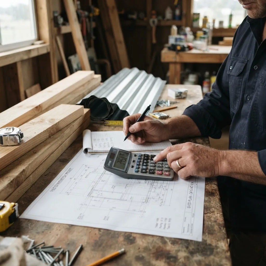 close-up of hands calculating costs with a calculator, building materials like timber planks, metal sheets, and blueprint plans for a shed