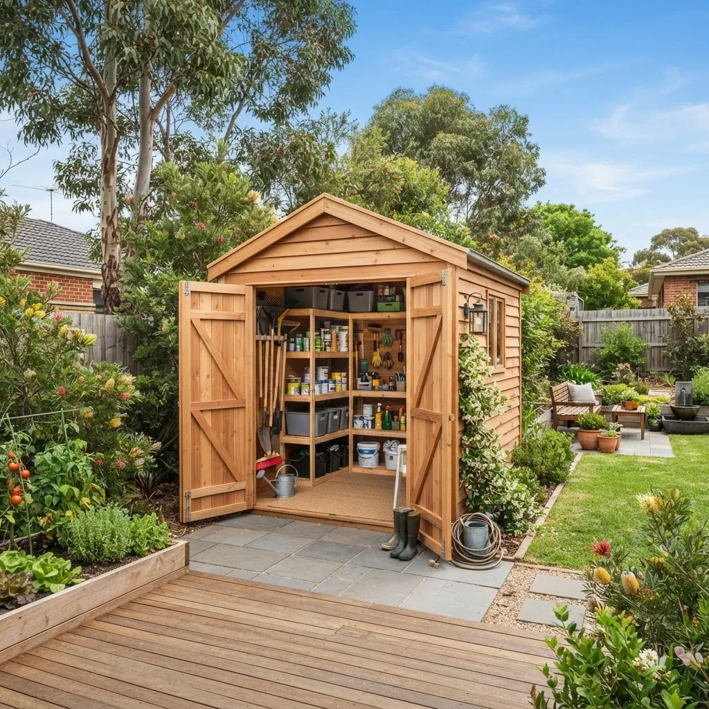 bright, well-lit backyard scene in a suburban Melbourne home featuring a newly built custom wooden shed with open doors showing organized