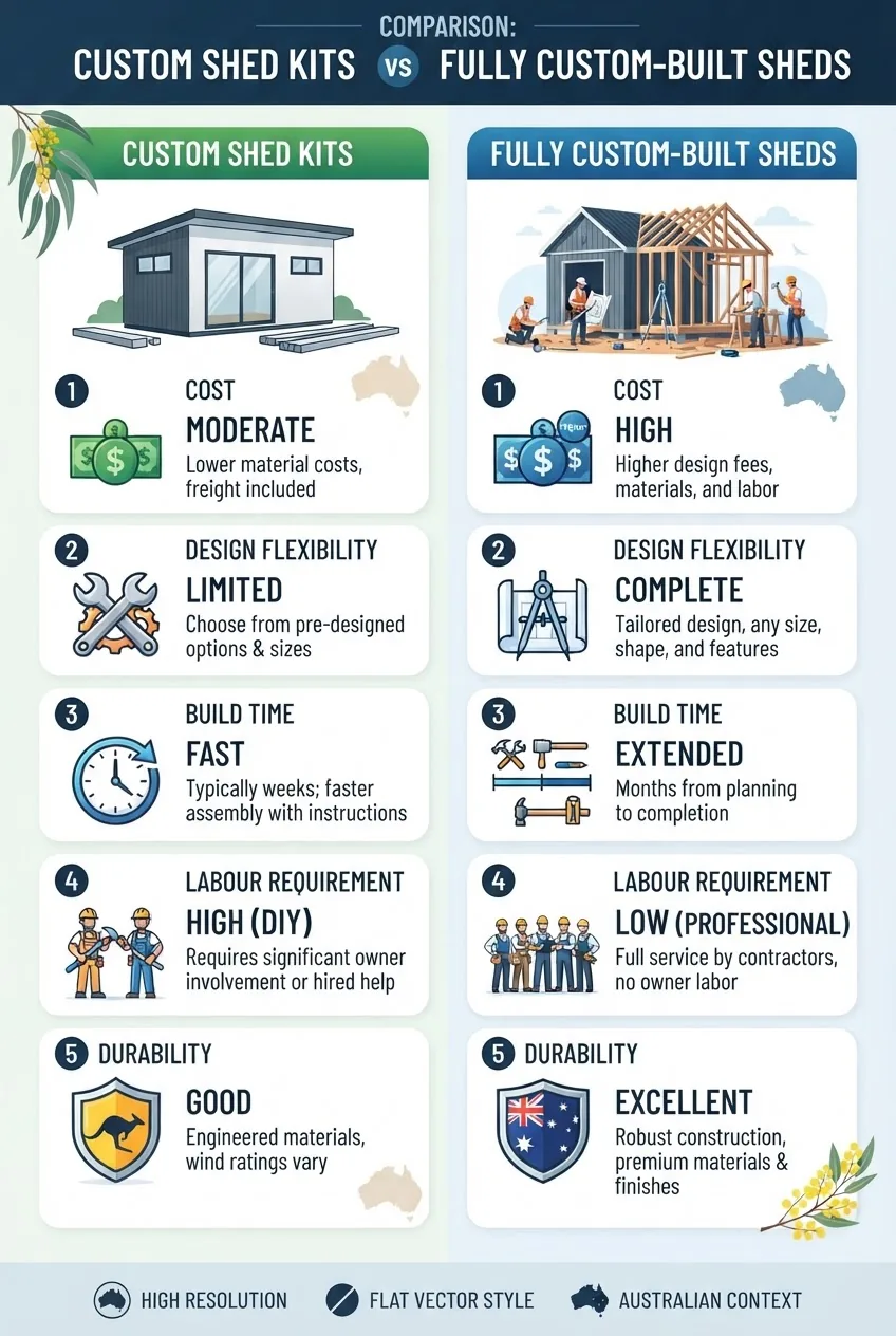 is divided into two columns comparing Custom Shed Kits and Fully Custom-Built Sheds, each column showing 5 key points with distinctive
