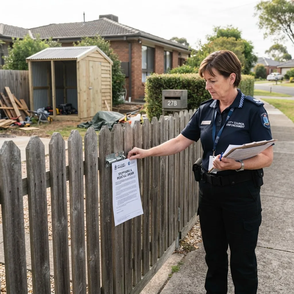 Close-up of official-looking council enforcement officer delivering a written notice on a residential property gate next to an unapproved