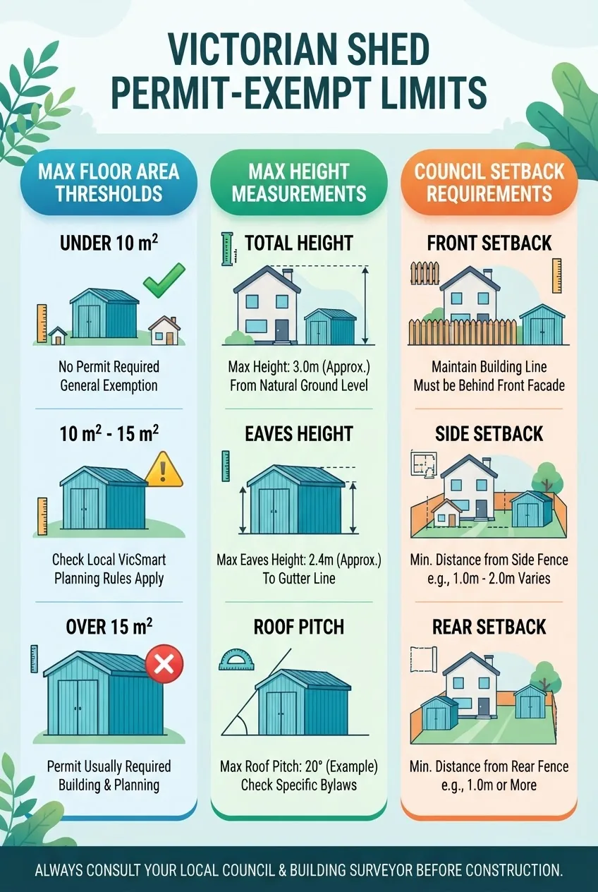 Infographic showing Victorian shed size and height limits without permit: left column with max floor area thresholds, central column with