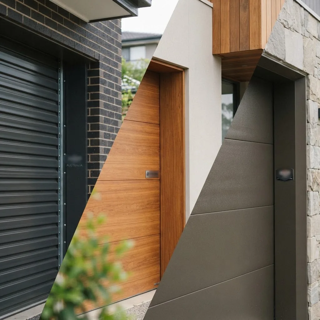 branded garage door panels from various Australian manufacturers installed on modern homes, focusing on quality and finish, with natural