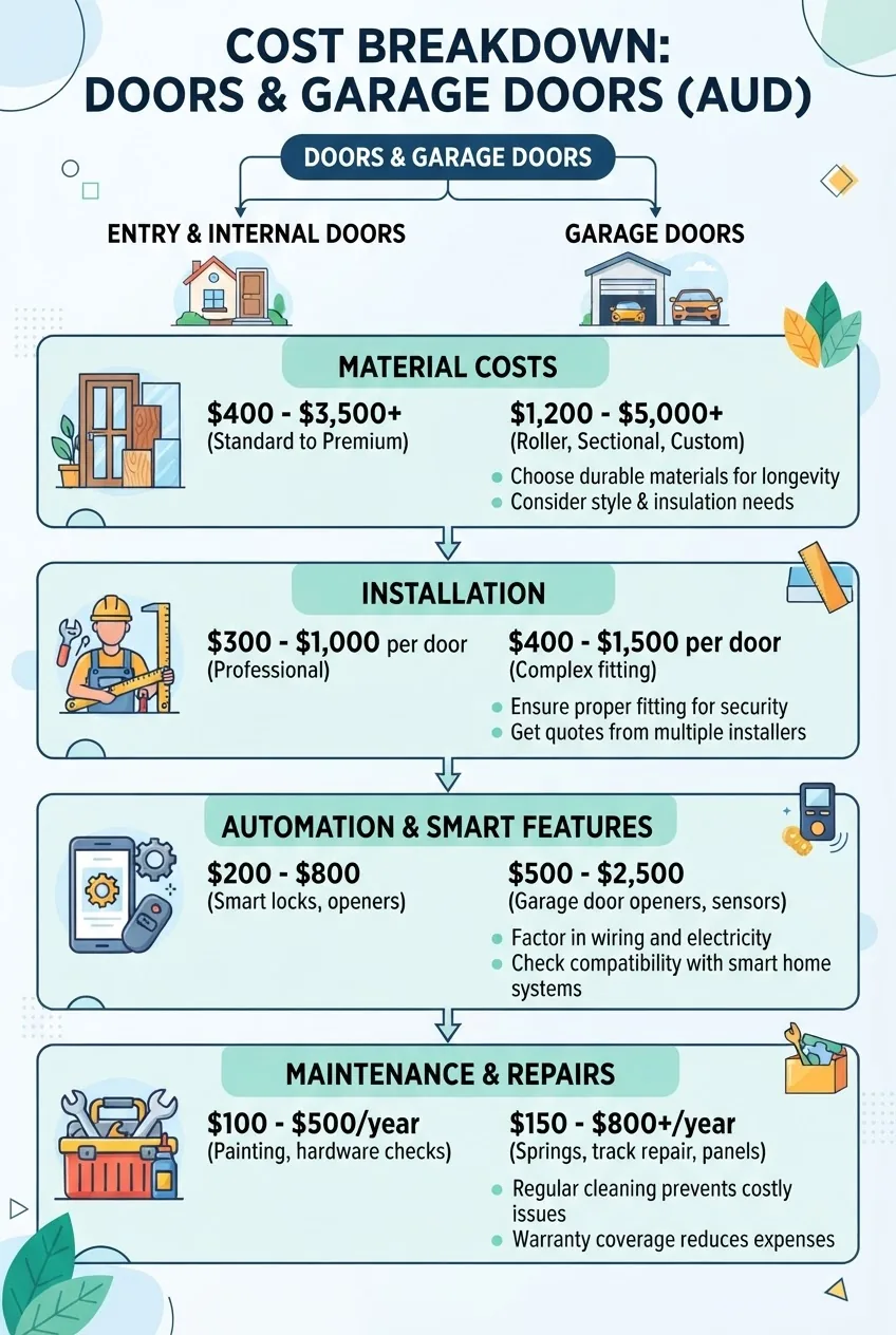 Infographic showing a segmented cost breakdown for doors and garage doors, divided into material costs, installation, automation, and