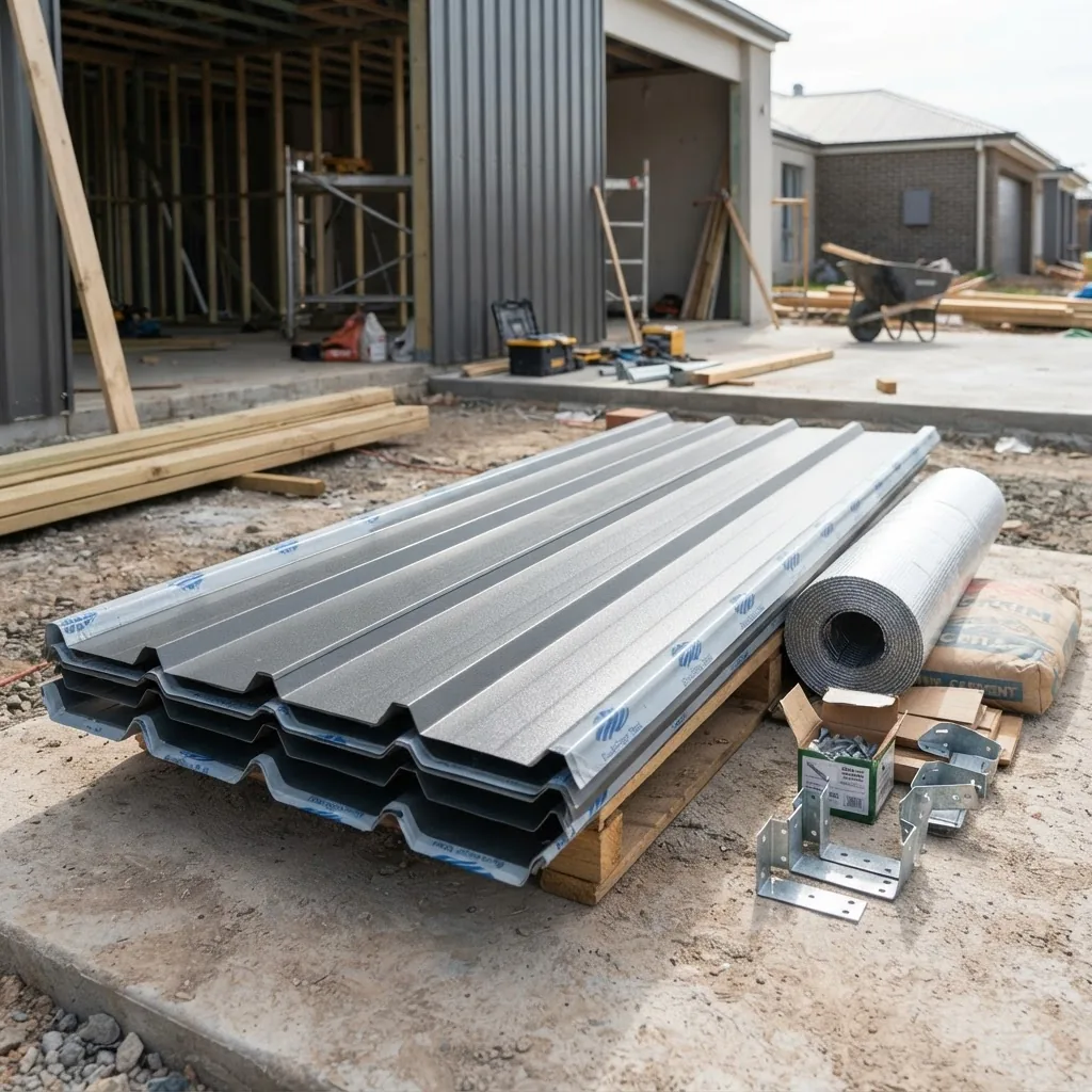 Colorbond steel panels and other garage building materials laid out on a construction site, showing texture and finish under natural