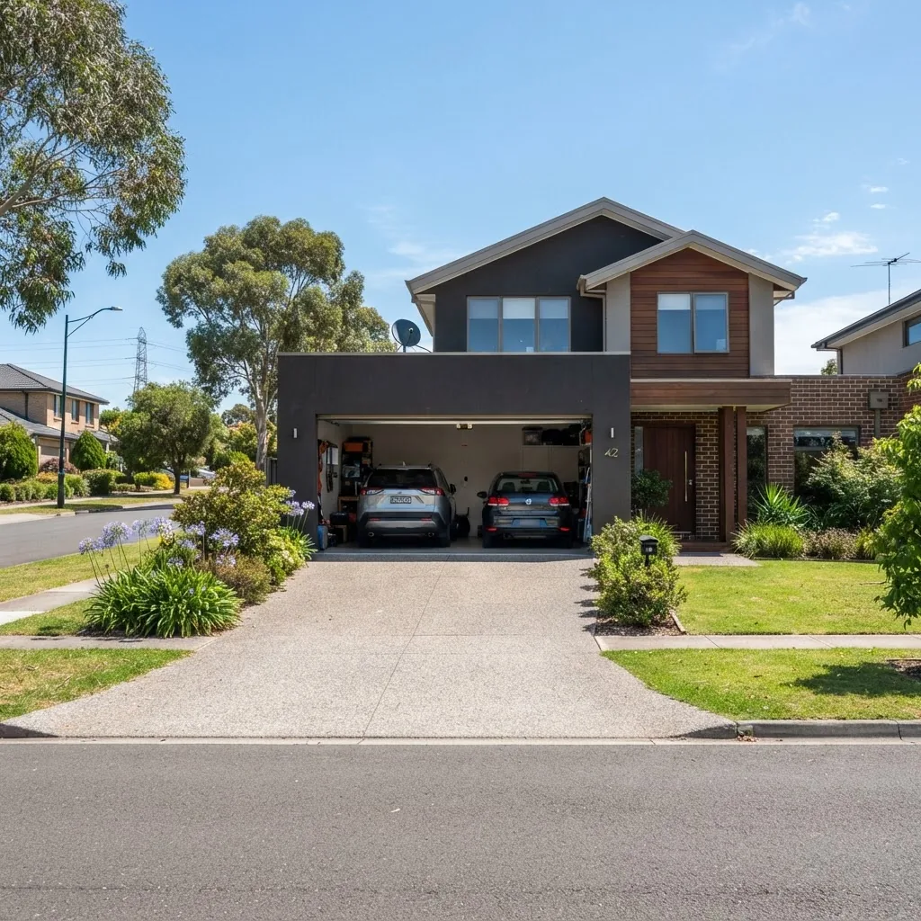 a modern double car garage attached to a residential home in a suburban Melbourne street, showing two cars parked inside with the garage