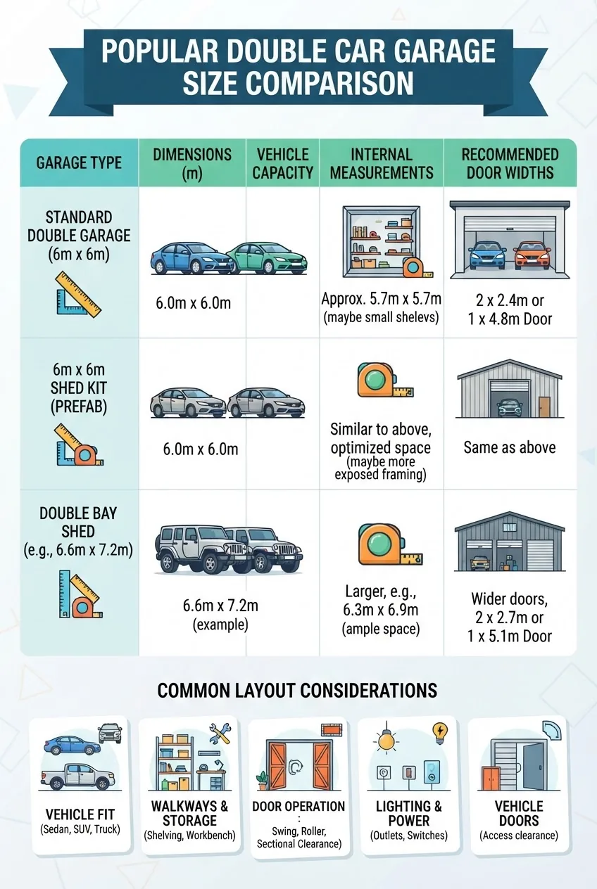 displays a comparison chart of popular double car garage sizes including 6m x 6m, 6x6 shed kits, double bay sheds, with icons illustrating