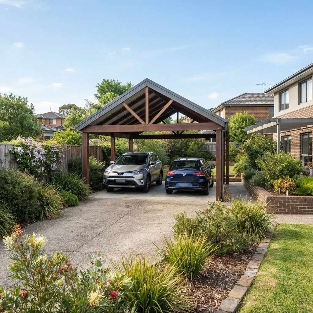 A bright daytime photo of a modern double carport with a pitched metal roof in a suburban Melbourne backyard, showing two parked vehicles