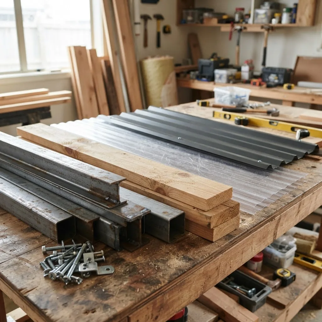 Close-up image of various carport construction materials laid out on a workbench: steel beams, timber planks, polycarbonate roofing sheets,
