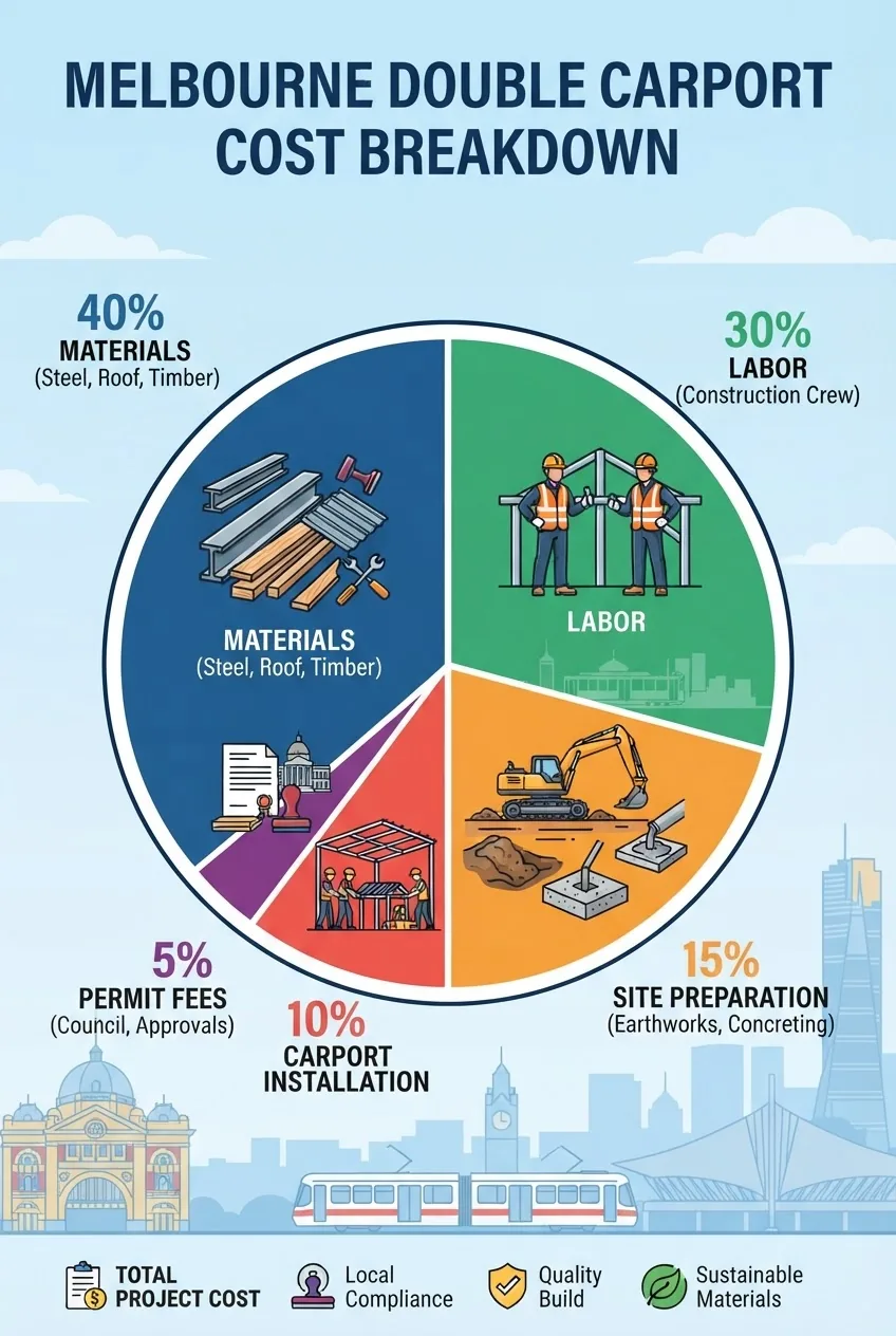 An infographic structured as a segmented pie chart showing main cost components for double carports: materials, labor, permit fees, site