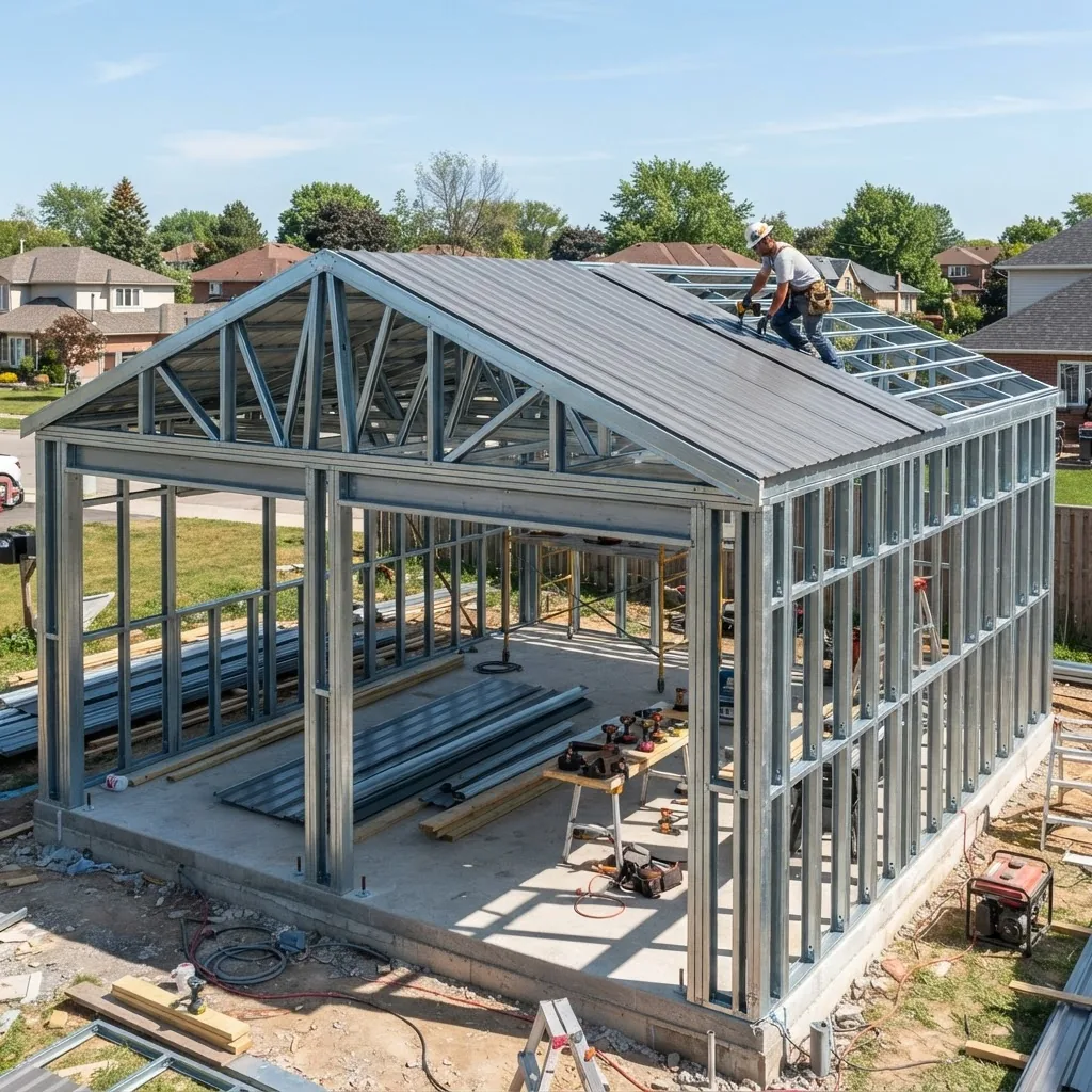 a double garage under construction with visible steel frames and roofing materials, tools nearby, sunny weather, illustrating build phases