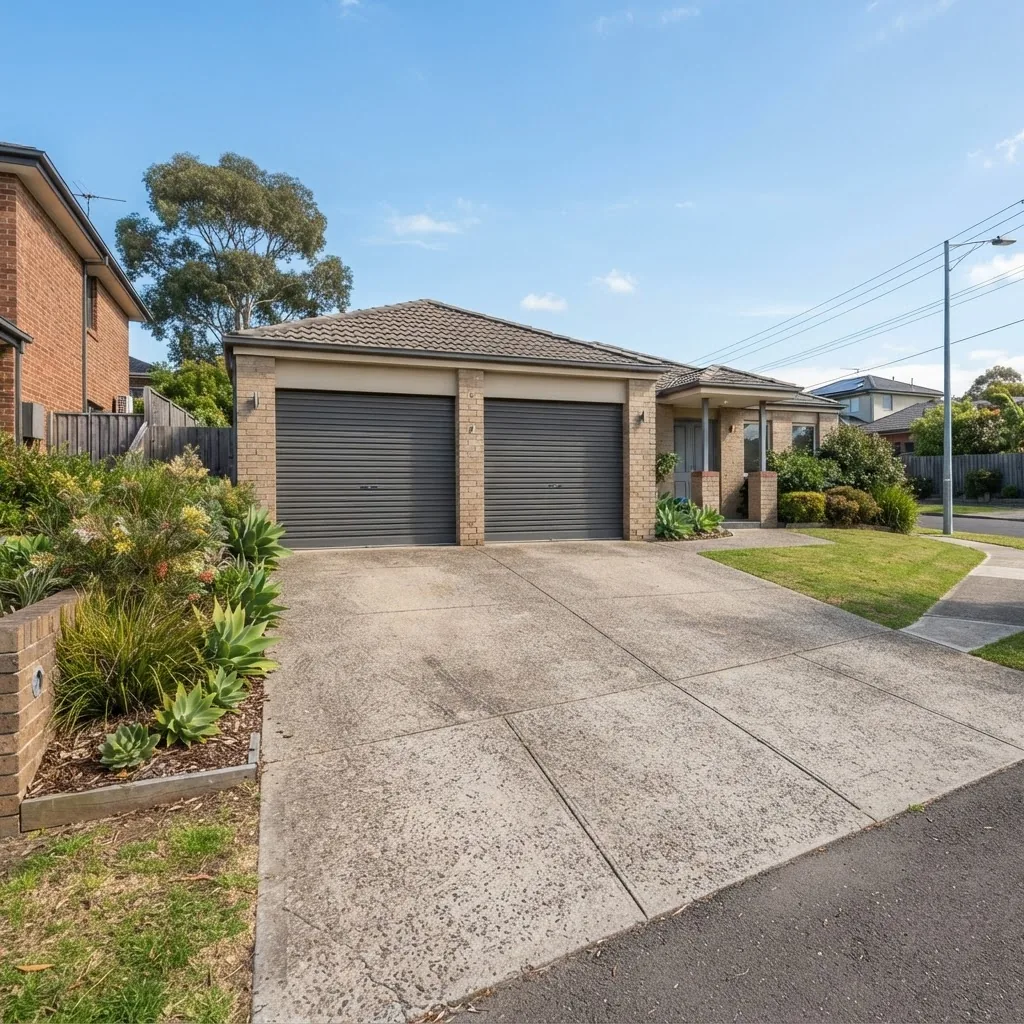 a spacious double garage exterior in a suburban Melbourne home, showing a standard sized roller door, concrete driveway leading to the