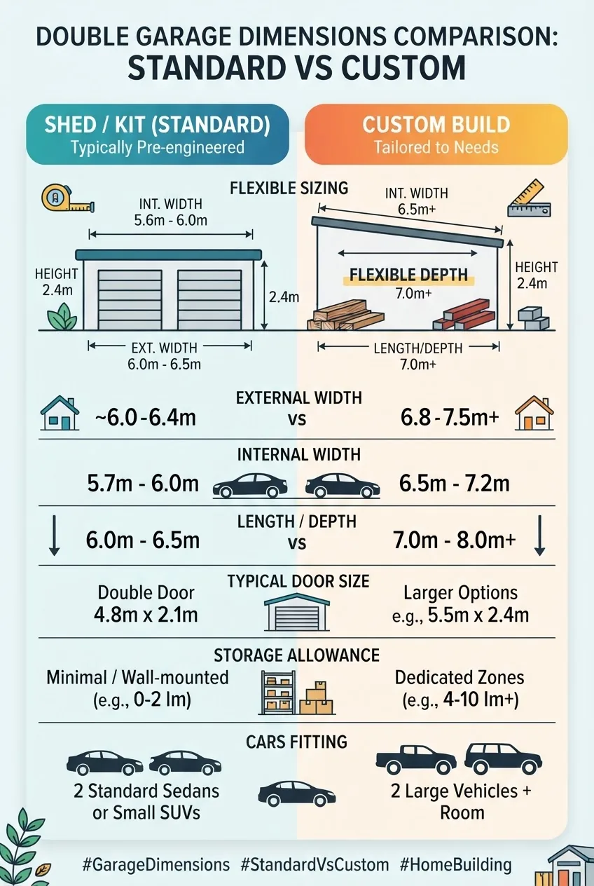shows side-by-side comparison columns for standard vs common custom double garage dimensions, including width (internal/external),