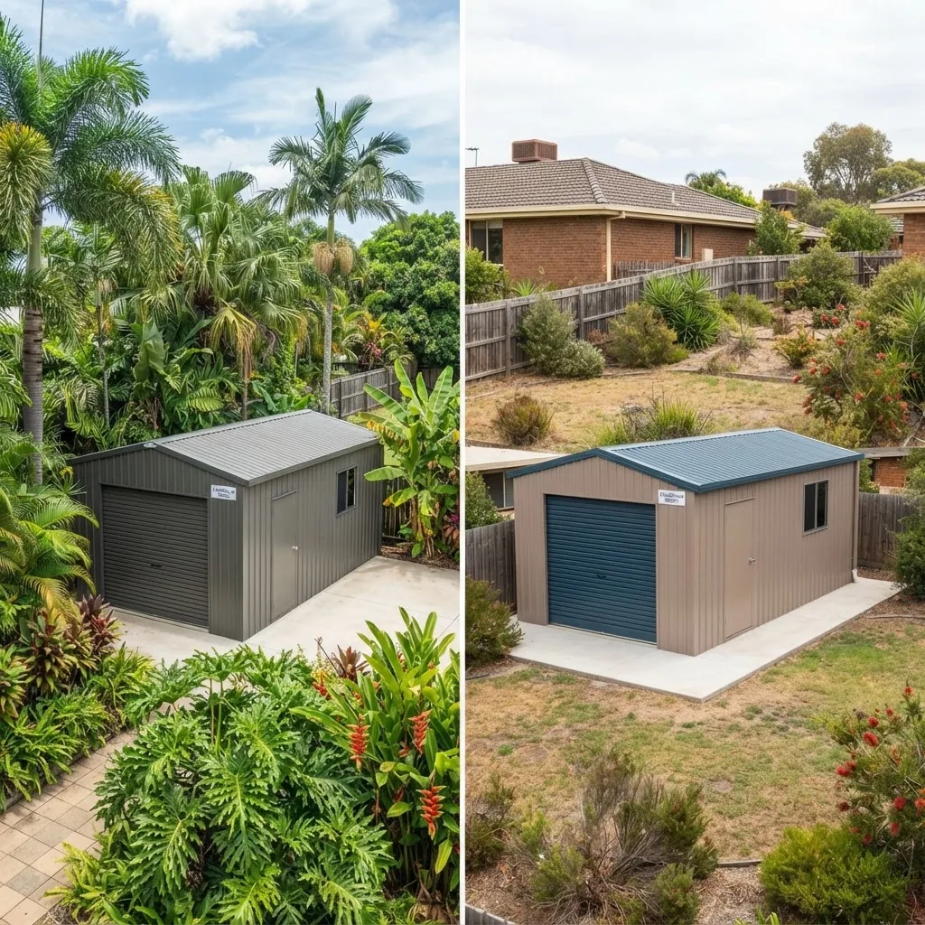 contrasting shed site environments — one with tropical lush greenery representing Townsville, the other a suburban Melbourne residential