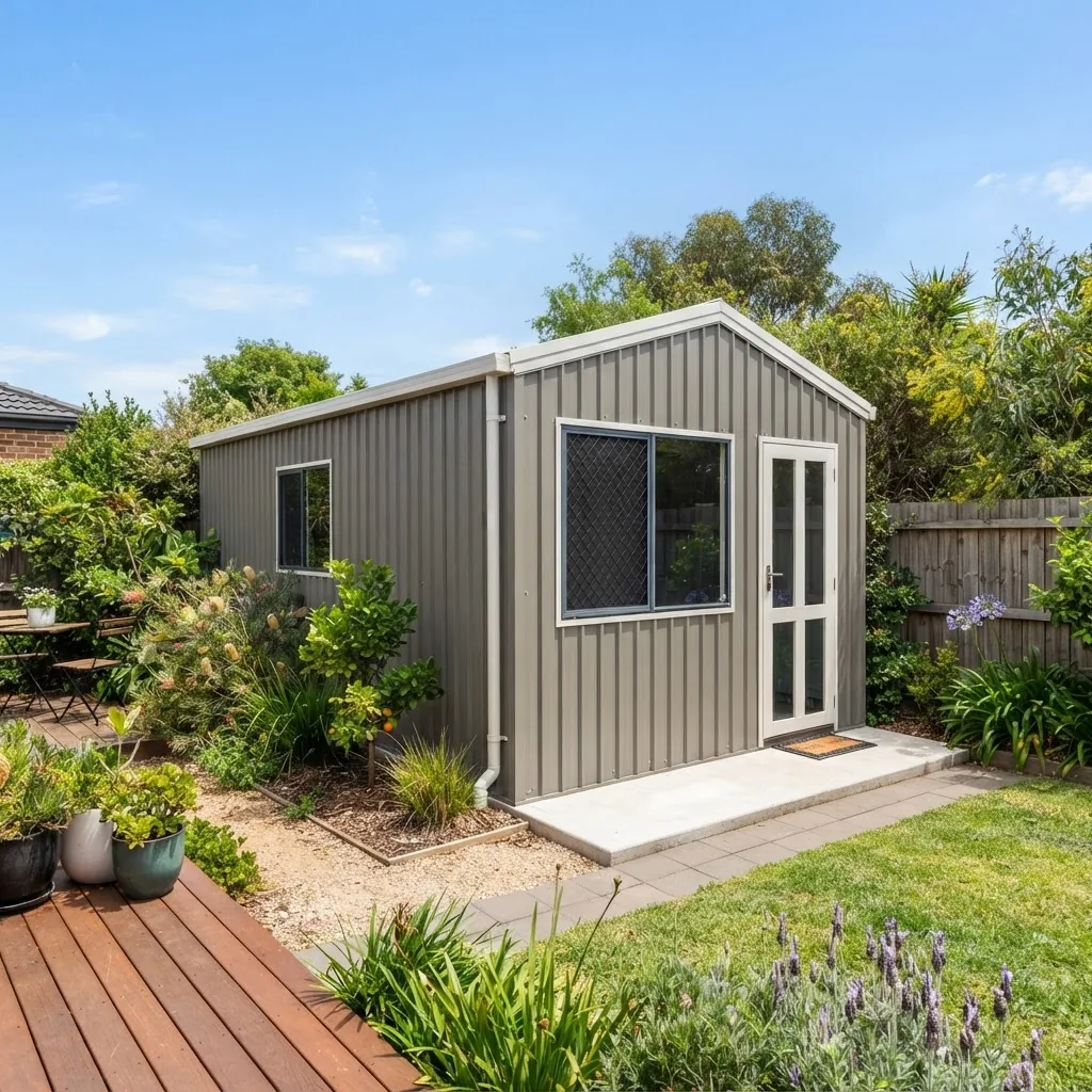 a medium-sized Fairdinkum metal shed set in a typical Melbourne backyard with garden surroundings, mid-day natural sunlight, angle showing