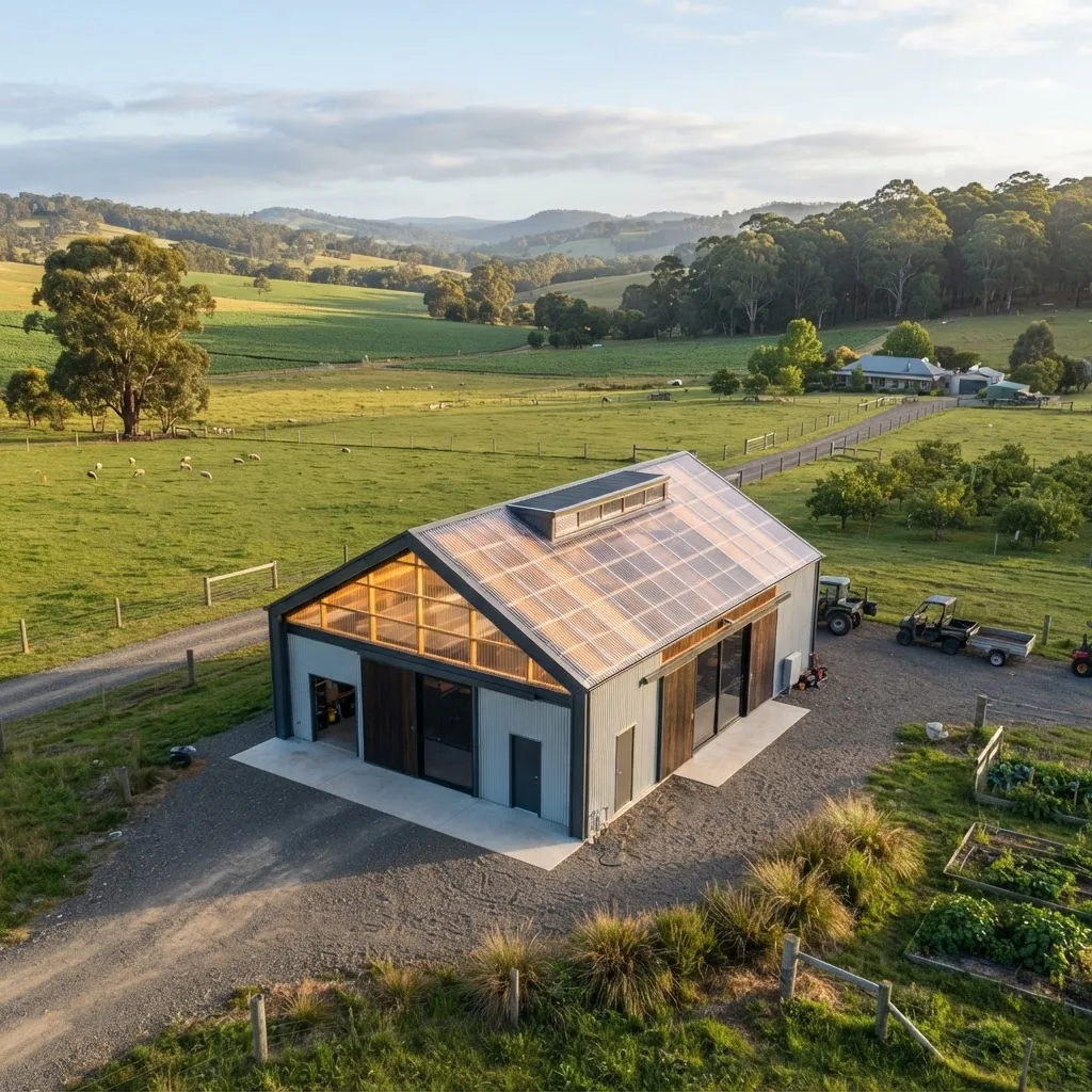 an elevated perspective shot of a custom-designed farm shed with gable roof, polycarbonate panels, set on a Victorian rural landscape,